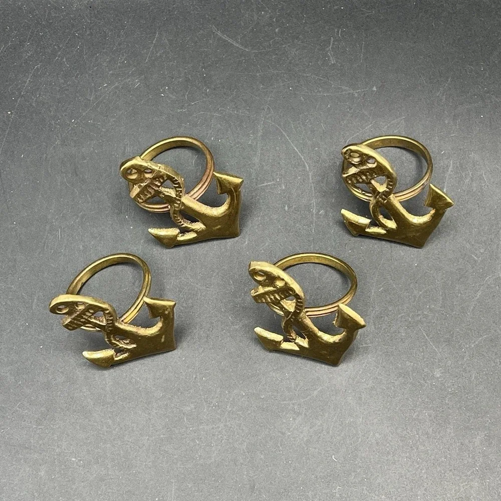 Vintage Solid Brass Nautical Napkin Rings Anchor Rope ~ Set Of 4